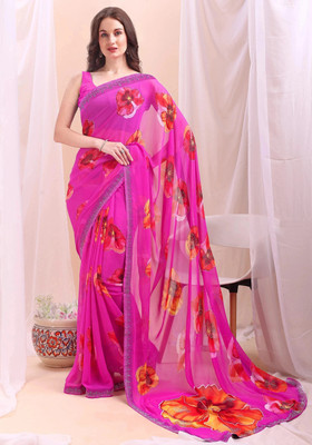 Leelavati Printed, Embellished, Embroidered Daily Wear Chiffon Saree(Pink)