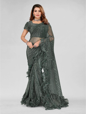 miracletex Self Design Bollywood Net Saree(Dark Green)