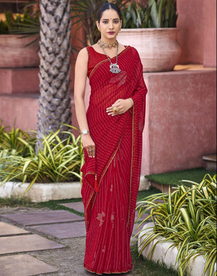 Satrani Embellished, Geometric Print, Printed Bollywood Chiffon Saree(Red, Gold)