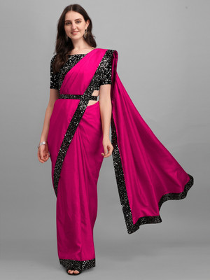 Sakifashion Solid/Plain Bollywood Lycra Blend Saree(Pink)