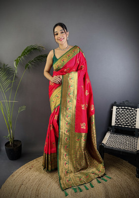 LeeliPeeri Designer Woven, Printed Banarasi Cotton Silk Saree(Magenta)