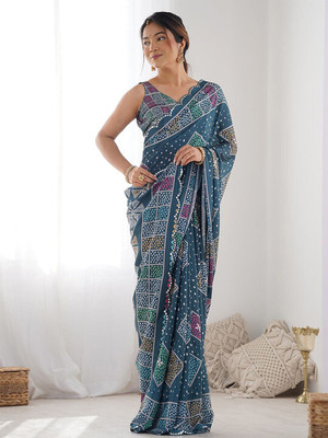 ANOUK Printed Saree with Attached Blouse Georgette Saree(Blue)