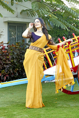 Shatayu Solid/Plain Bollywood Organza Saree(Mustard)