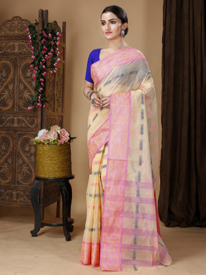 DipDiya Printed, Self Design, Solid/Plain Tant Cotton Blend, Pure Cotton Saree(Cream)
