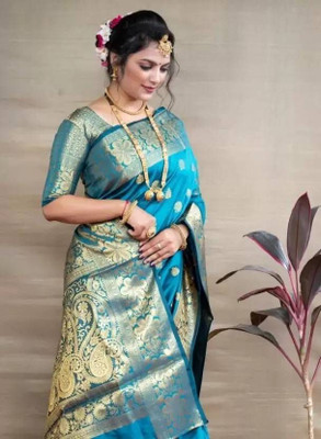 Parangi-A planet of style Printed Banarasi Cotton Silk Saree(Blue)