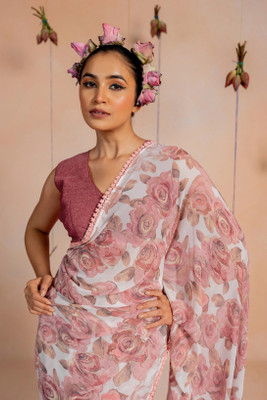 MIRCHI FASHION Printed, Floral Print Daily Wear Georgette, Chiffon Saree(Pink, White)