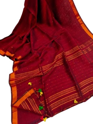 kalpana handloom Striped Tant Linen Saree(Pack of 2, Maroon, Orange)