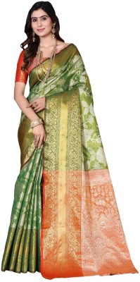 LAVYANSH CREATION Woven, Self Design Kanjivaram Silk Blend, Jacquard Saree(Green, Orange)