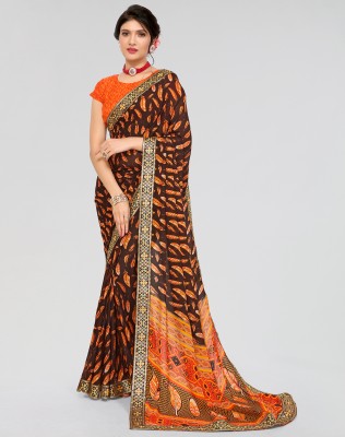 ANIRAV Floral Print Bollywood Georgette, Lace Saree(Orange)