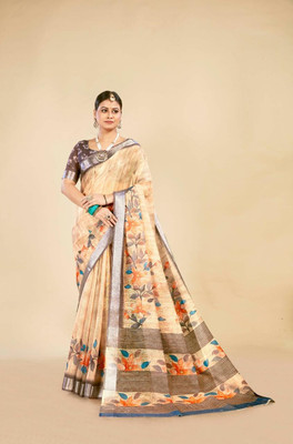 VTEXX Digital Print Saree with Attached Blouse Cotton Linen Saree(Multicolor)