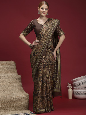Sareemall Printed Hand Batik Silk Blend Saree(Brown)