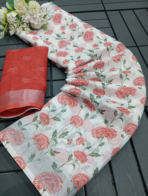 Tipiq Floral Print Kanjivaram Cotton Linen, Mulmul Saree(Red)