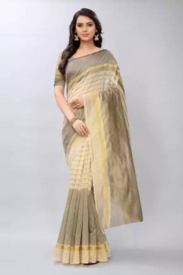 Grubstaker Self Design Bollywood Cotton Silk Saree(Cream)