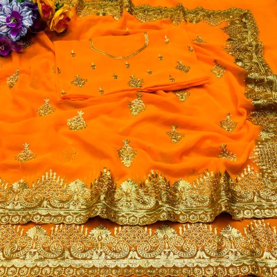 KHRITI FAB Embroidered Bollywood Georgette Saree(Gold, Orange)