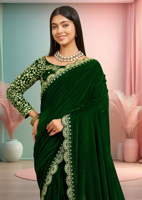 hutah Embellished, Self Design Bollywood Cotton Blend, Velvet Saree(Dark Green)