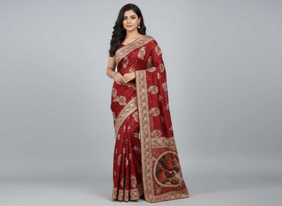 Radha Silk Saga Woven, Floral Print, Paisley Banarasi Georgette Saree(Maroon)