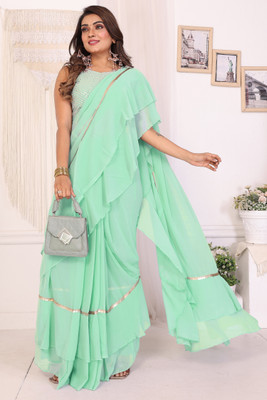 MYSTERY BOX Embroidered Pre Draped Saree Georgette Saree(Light Green)