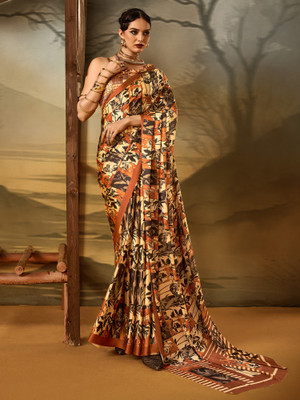Sareemall Printed Hand Batik Crepe Saree(Beige)