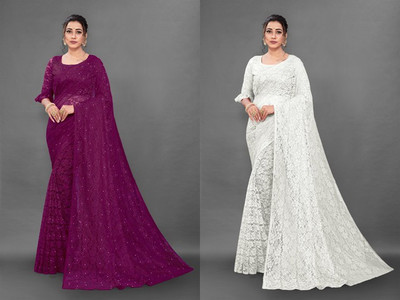 Fashion Field Self Design Bollywood Net Saree(Pack of 2, Magenta, White)
