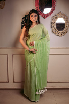Very Much Indian Solid/Plain Handloom Pure Cotton Saree(Light Green)