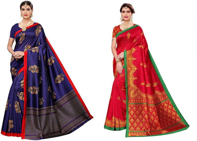 Grubstaker Printed Assam Silk Art Silk Saree(Multicolor)