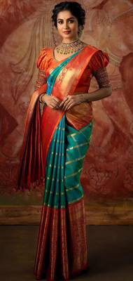 ROOP LAVANYA Woven Kanjivaram Jacquard, Cotton Silk Saree(Dark Green)