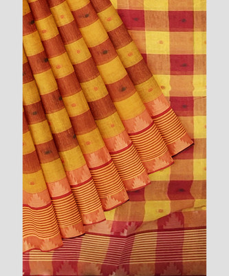 PRANATI ENTERPRISE Checkered Tant Cotton Blend Saree(Yellow, Red)