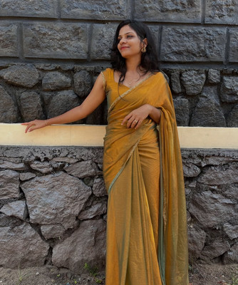 Aamvii Solid/Plain Bollywood Chiffon, Pure Silk Saree(Gold)