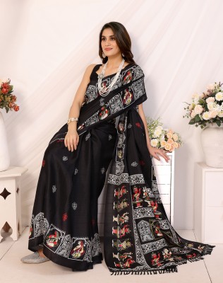 YASHIKA Printed Hand Batik Art Silk Saree(Black)