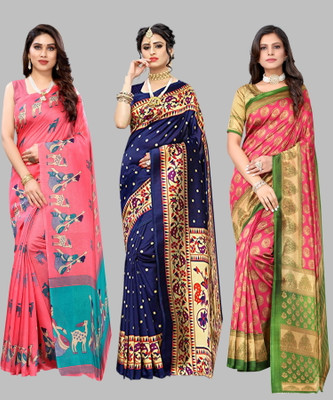 YASHIKA Printed, Paisley, Floral Print Mysore Art Silk Saree(Pack of 3, Pink)