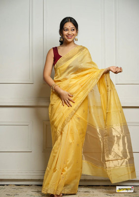 MIRMAN Woven Kanjivaram Pure Cotton Saree(Yellow)