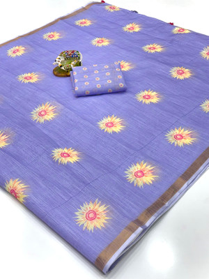 SDGRATITUDE Floral Print Bollywood Linen, Cotton Linen Saree(Purple)