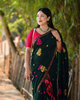 vrajtextiledr Woven Mekhela Chador Cotton Silk Saree(Dark Green)