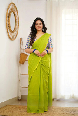 Padma Solid/Plain Saree with Attached Blouse Pure Cotton Saree(Green)