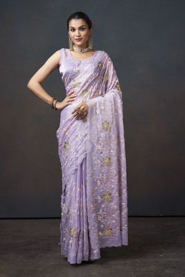 PEEYU Embroidered Bollywood Pure Silk Saree(Purple)