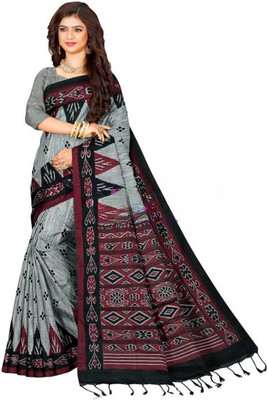 Joyguru Textile Printed Sambalpuri Cotton Blend Saree(Grey)