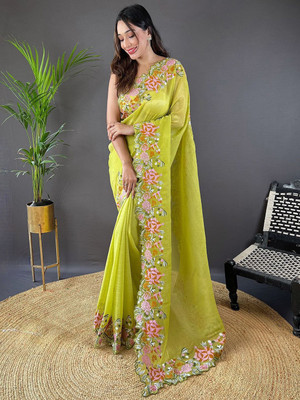 ANOUK Solid/Plain Chanderi Tissue Saree(Green)