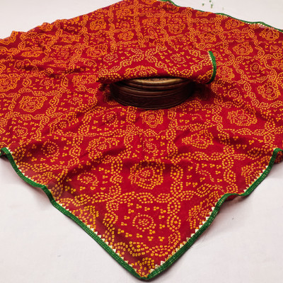 Kanooda Prints Printed Bandhani Georgette Saree(Red)
