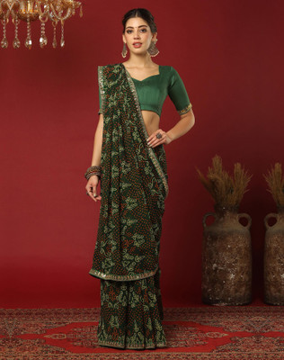 Tasrika Printed, Embellished Bandhani Chiffon, Georgette Saree(Green)