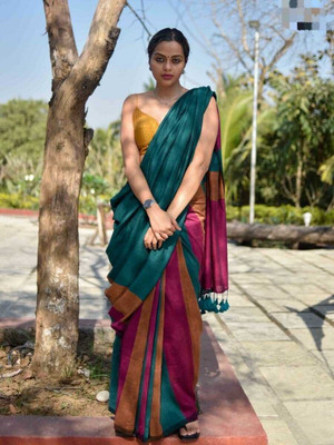 BeyondRetro Color Block, Striped, Self Design Daily Wear Handloom Cotton Blend, Khadi Saree(Green, Multicolor)