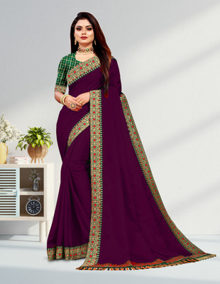 GRIMLOCK Temple Border Bollywood Silk Blend Saree(Purple)