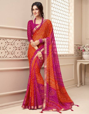 Sareezaa Geometric Print, Printed, Embellished Bandhani Georgette Saree(Pink)