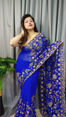 veerlaxmi Embroidered Saree with Attached Blouse Cotton Silk Saree(Blue)