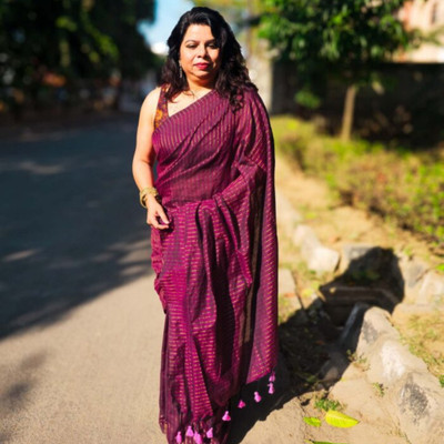 MANARIS Striped Bollywood Cotton Silk Saree(Purple)