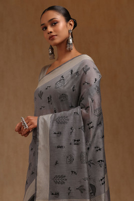soch Printed Saree with Attached Blouse Chanderi Saree(Grey)