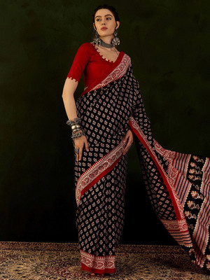 Sangria Printed Daily Wear Silk Blend Saree(Black)