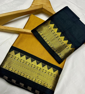 looknchoice Woven, Solid/Plain Banarasi Cotton Silk Saree(Yellow, Black)