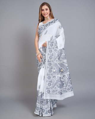 DRAVYA WOMEN Woven, Self Design Jamdani Cotton Blend Saree(Grey)