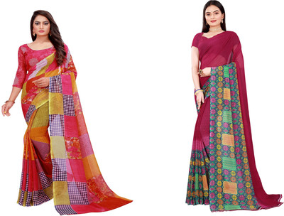 Saadhvi Printed Daily Wear Georgette Saree(Pack of 2, Brown)