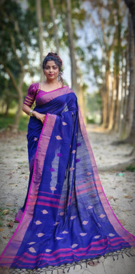 SAYAN CREATION Self Design Handloom Pure Cotton Saree(Blue)